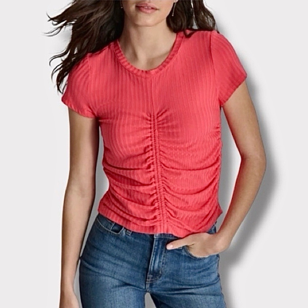 DKNY Ribbed Ruched Short Sleeve Tee blouse Hot Pink Coral NWT XS